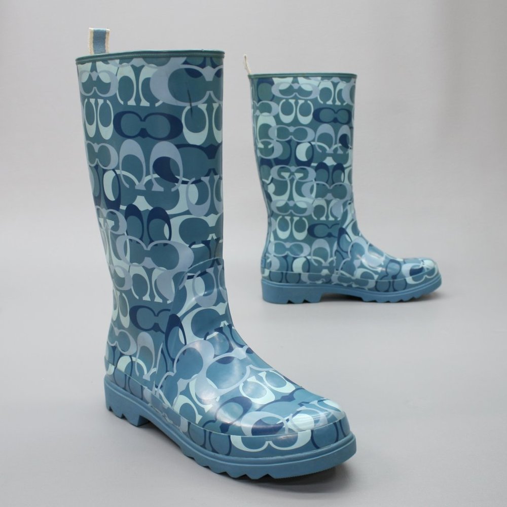 Coach Ladies 11 M Paisley Blue Optic C-Logo Monogram Rubber Rain Boots - P623